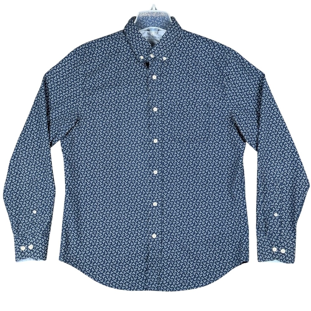 Banana Republic Men's Medium Luxe Poplin Navy Blue Floral Button Down Shirt
